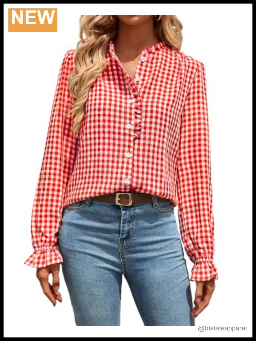 Women's Plaid Ruffle Button Down Blouse Long Sleeve Shirt
